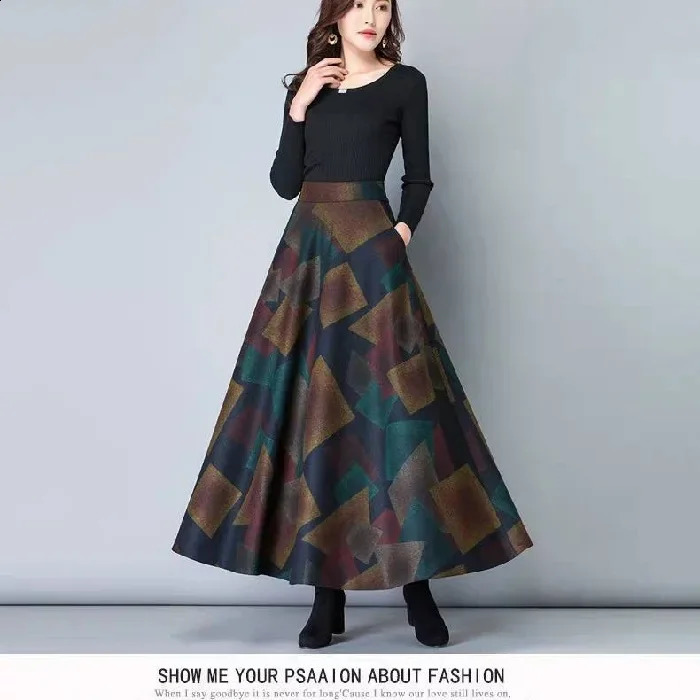 Vintage Medium-length Woolen Plaid Skirt Womens High-waisted Slimming Long Dress Autumnwinter Season 240830