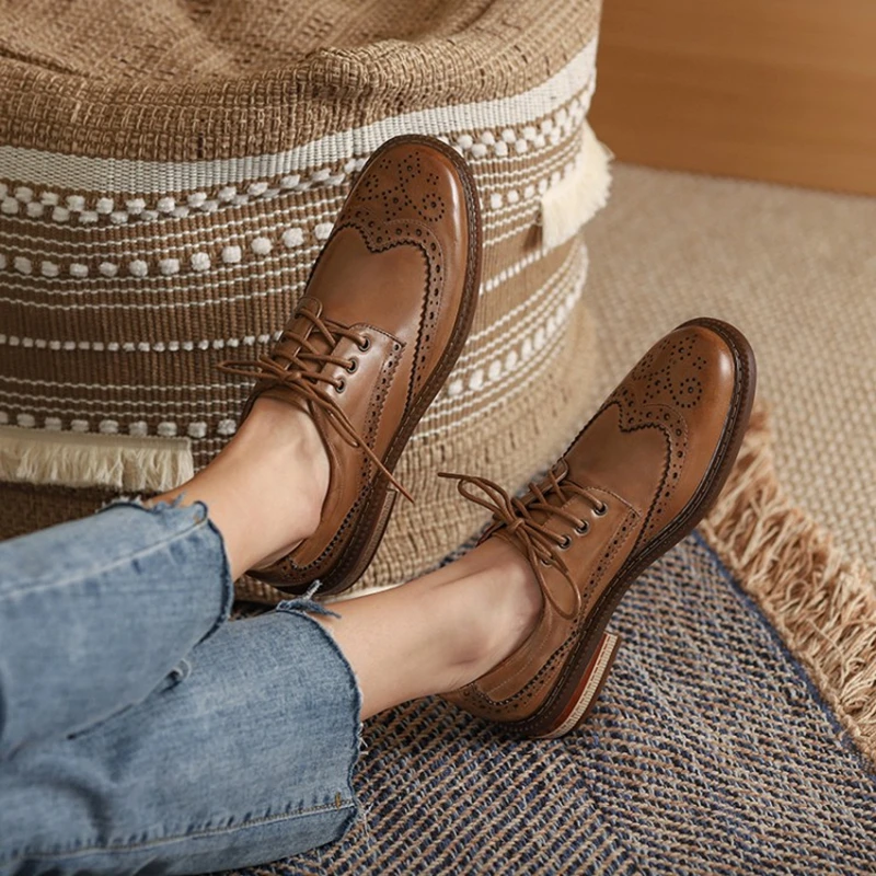 Spring Autumn Women Oxford Flats Shapes Brogues Genuine Leather Office Outsole Mole Female Ballet Derby Shoes Ladies a27f