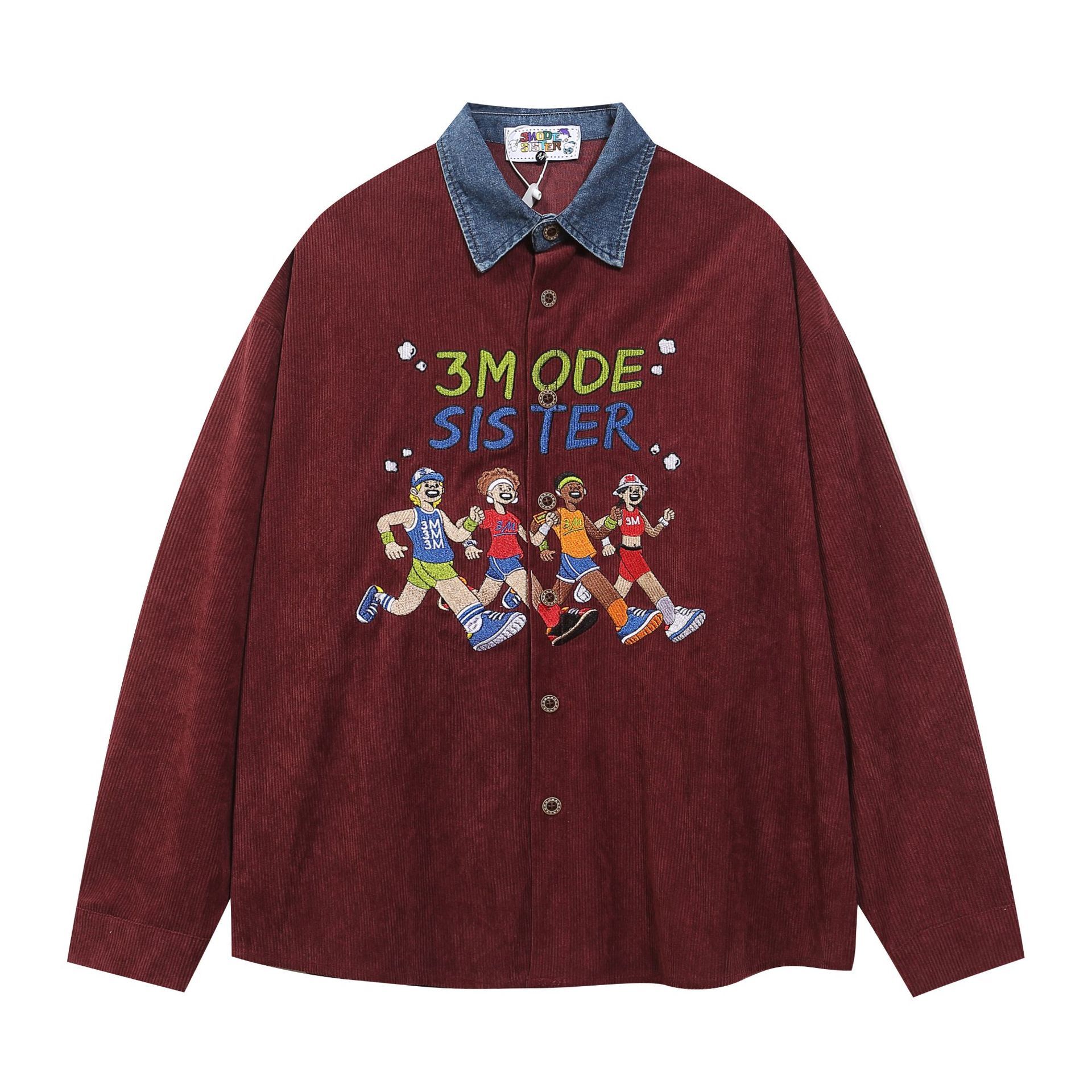 American College Style Athlete Embroidered Long Sleeve Shirt Mens and Womens Corduroy Bf Shirt Coat