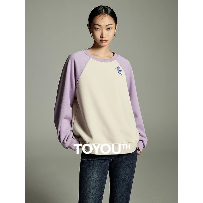 Toyouth Womens Sportswear Winter Comparison Raglan Sleeves Round Neck Loose Hoodie Letter Printing Casual Basic Simple Zipper 240827