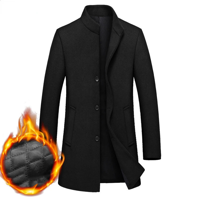 Black long fur trench coat mens winter quilted lining cashmere coat mens slim fit wool peacock coat windproof machine 240829