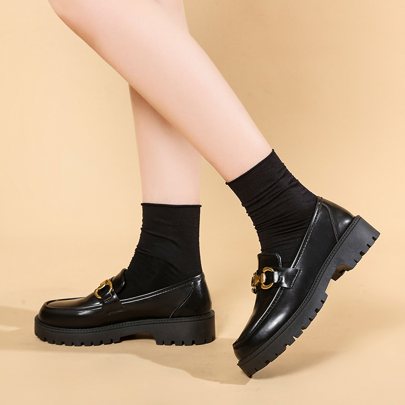 Women Loafers 2023 Spring Metal Button Black Platform Women's Shoes Fashion JK Lolita Soft Soled Student Office Leather Shoes