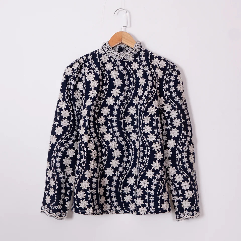 ZESSAM Flower Embroidery Women Shirt Half High Collar Long Sleeve Button Lace Pullover Vintage Classic Casual Lady Top 240827
