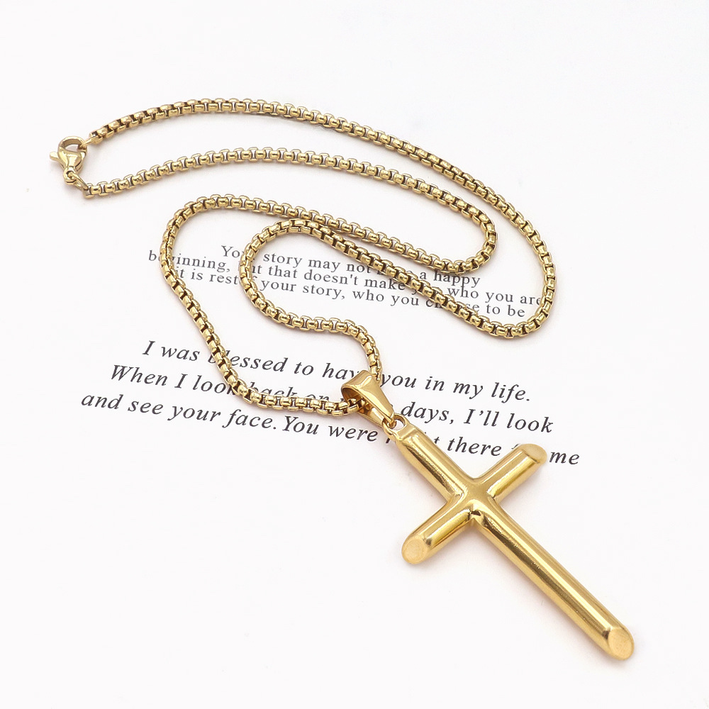 Retro Vintage Shiny Stainless Steel Cross Pendant Necklace 18K Gold Plated No Fade Jewelry