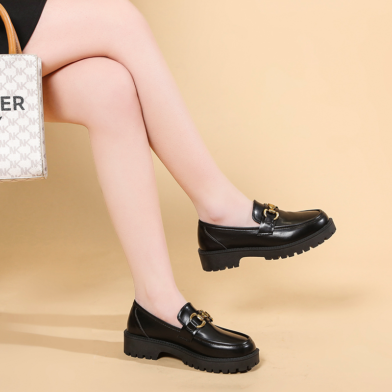 Women Loafers 2023 Spring Metal Button Black Platform Women's Shoes Fashion JK Lolita Soft Soled Student Office Leather Shoes