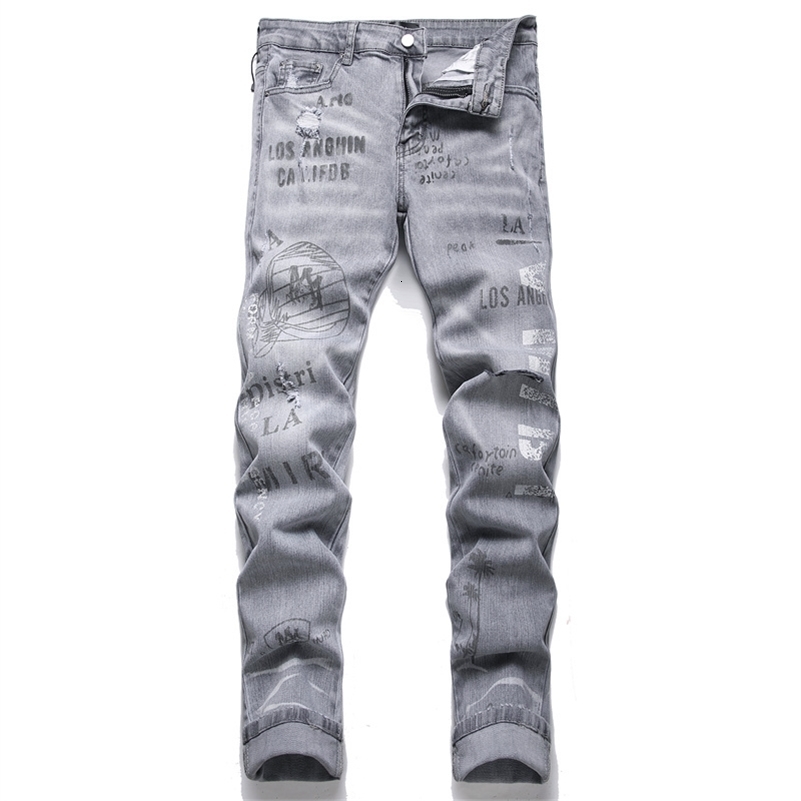 High end Personalized Grey Letter Printed Tight Street Leg Mens Jeans Hip Hop Street Jeans 240829