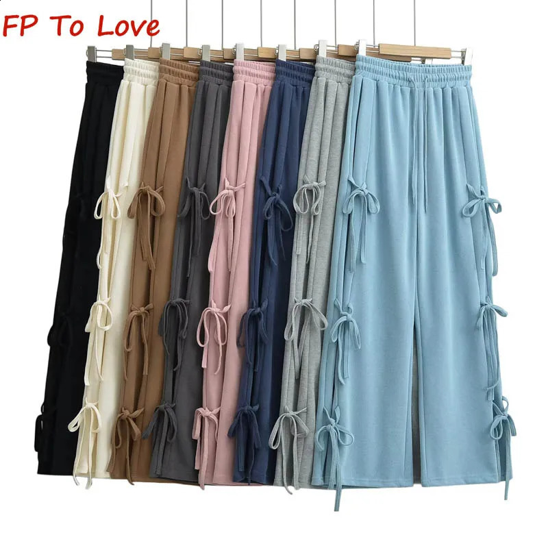 Y2K American spice side tie bow sports pants womens spring elastic waist casual 240827