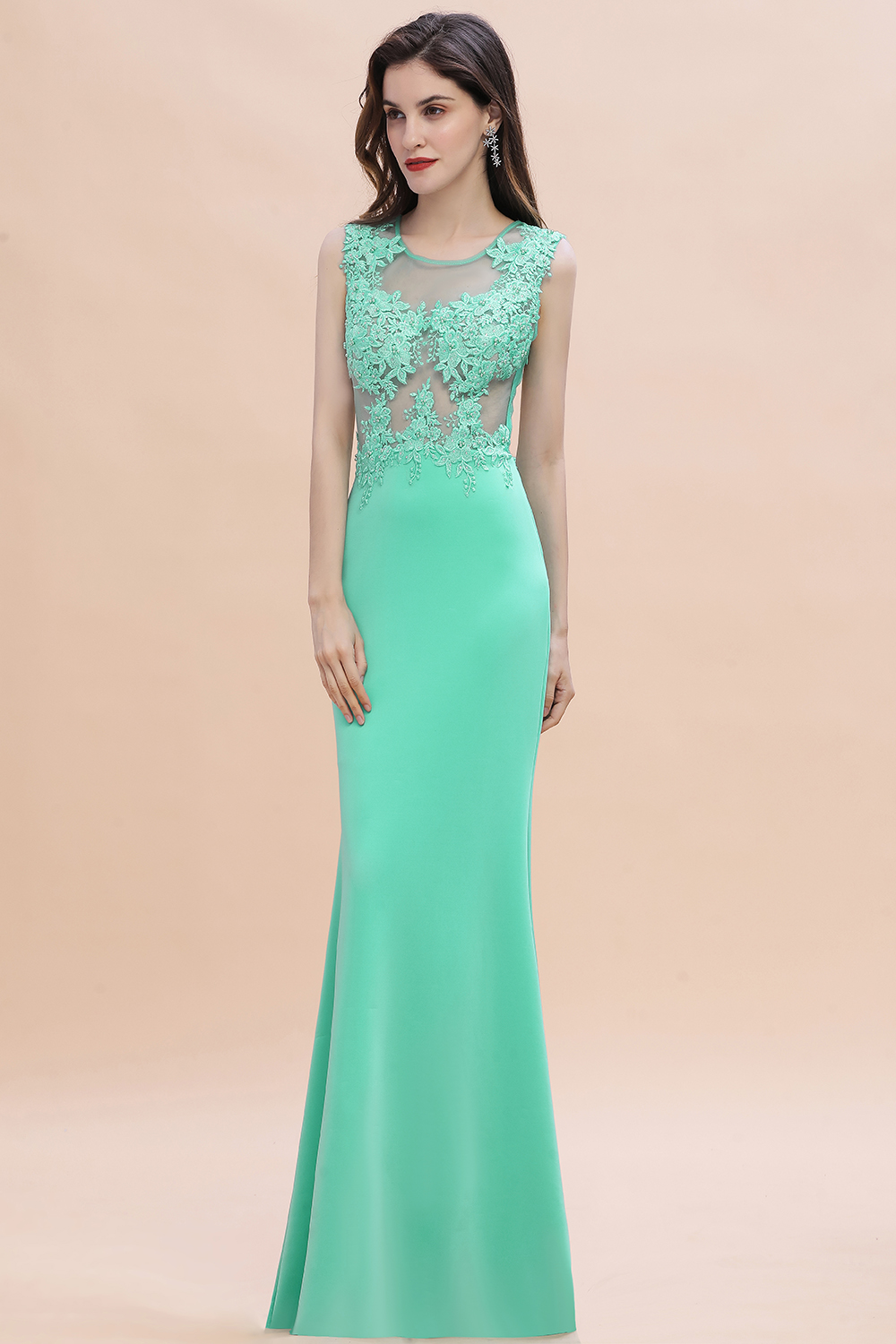 Sexy Sheer Back Hunter Mermaid Evening Dresses Illusion Women Elegant Jewel Neck 3D-Ral Appliques With Beads Sleevless Long Prom Party Gowns cps1811
