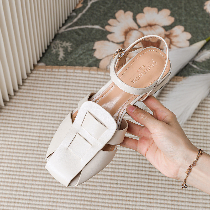 Cover Toe Leather weaved sandals women med-high heels summer shoes ankle strap metal heel gladiator sandalias mujer big size 43