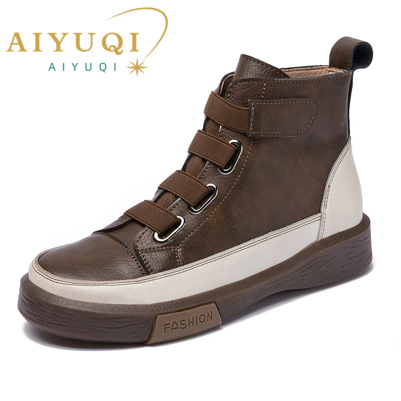 AIYUQI Women winter Shoes Flat Genuine Leather 2024 Antique Color Matching Front Tie Ladies Boots Trend Girl Student Shoes