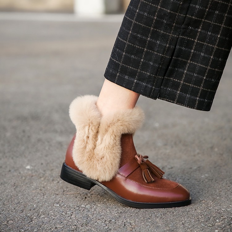 winter 2020 ankle round toe low heel short plush warm women boots bowknot genuine leather women's shoes d4c1 's
