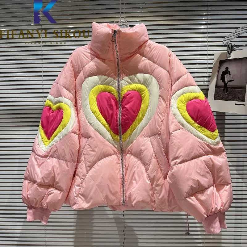 Womens Down Parkas Heart shaped printed down jacket for women highquality Parkas splicing fashionable couple cotton coat thick and warm winter jacket 