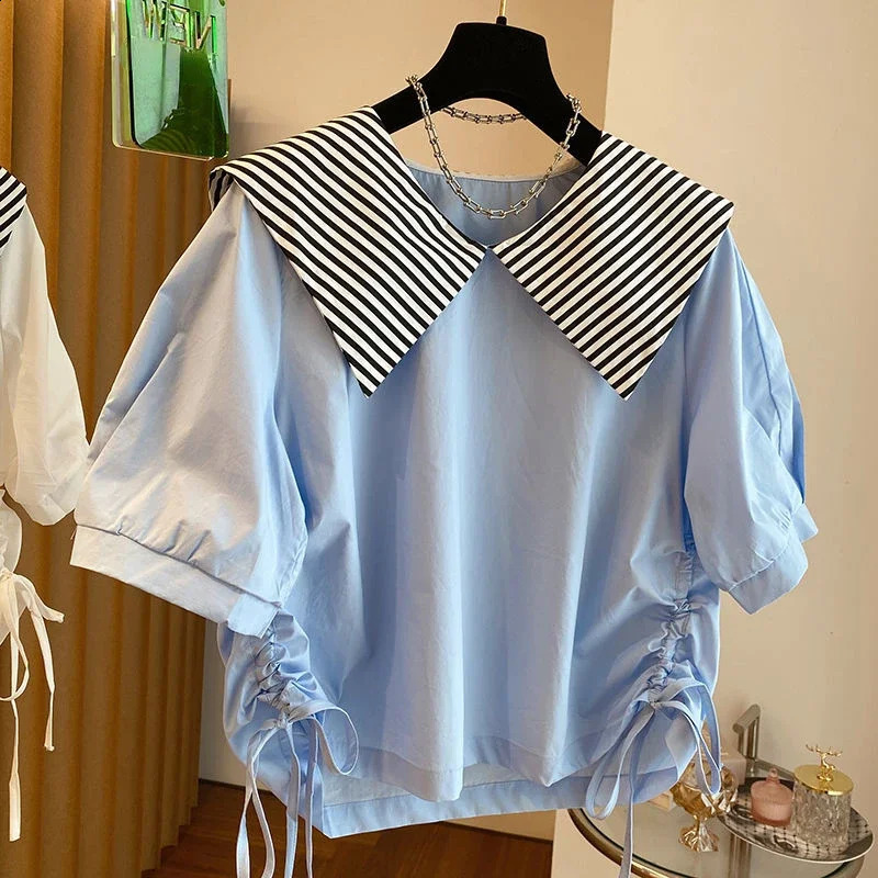Korean Fashion Blouses Striped Contrast Color Draw String Peter Pan Collar Shirts Summer Short Sleeve Casual Loose Women Tops 240830