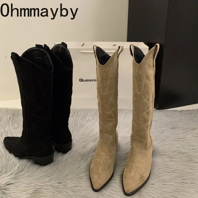 Cowboy Women Boots Fashion Square Low Heel Ladies Elegant Slip On Long Booties Winter Pointed Toe Women's Footwear 15d8 's