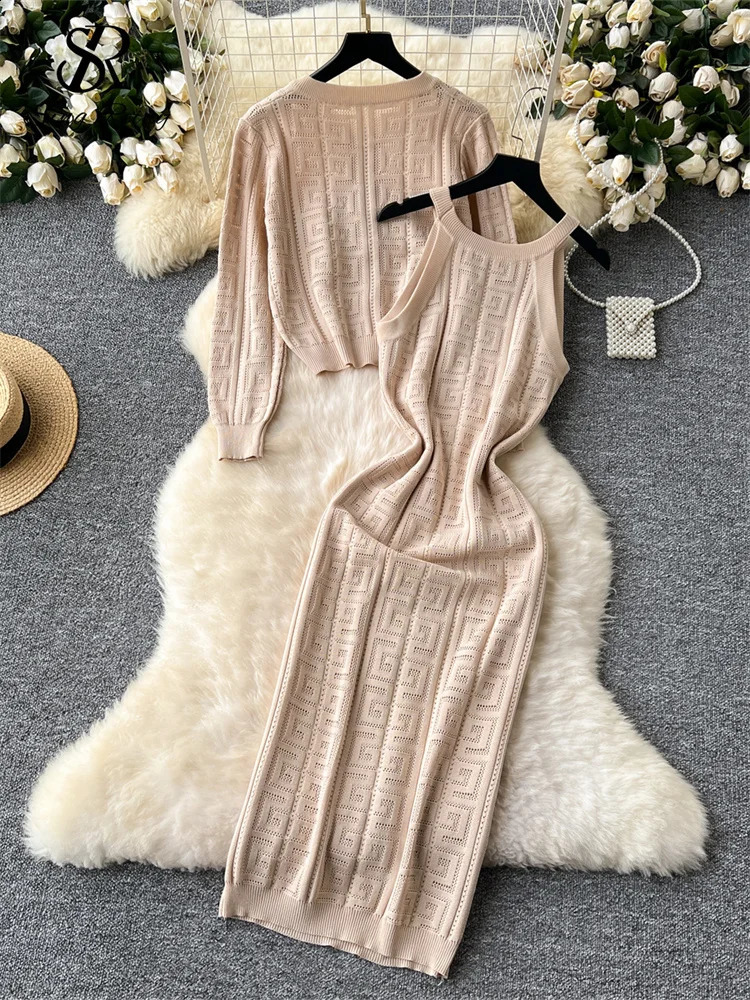 SINGREINY Autumn Winter Wear 2PC Suits Full Sleeve Knitted CardiganSenior Spaghetti Strap Bodycon Dress Women Sweater Sets 240829