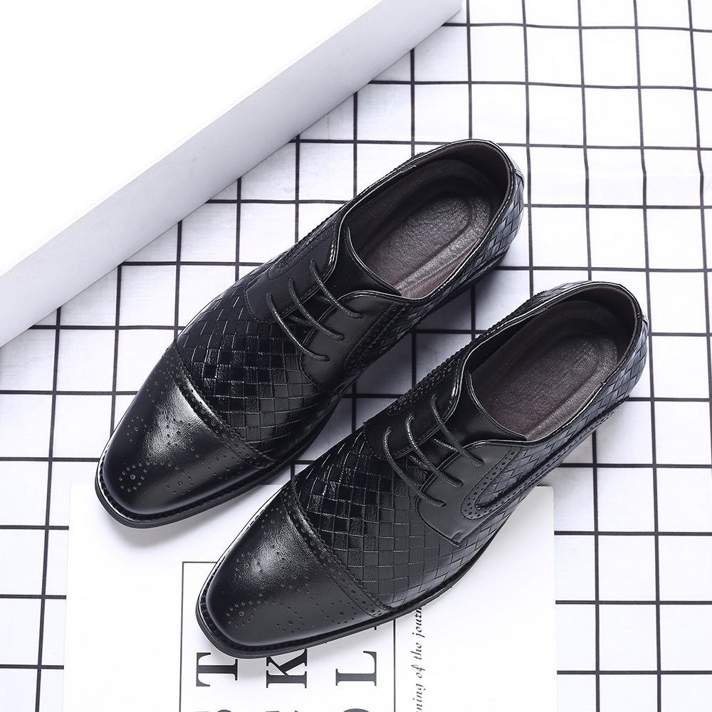 Men's Splicing Brogue Woven Grain Leather Dress Men Lace-Up Wedding Party Shoes Mens Business Office Oxfords Flats