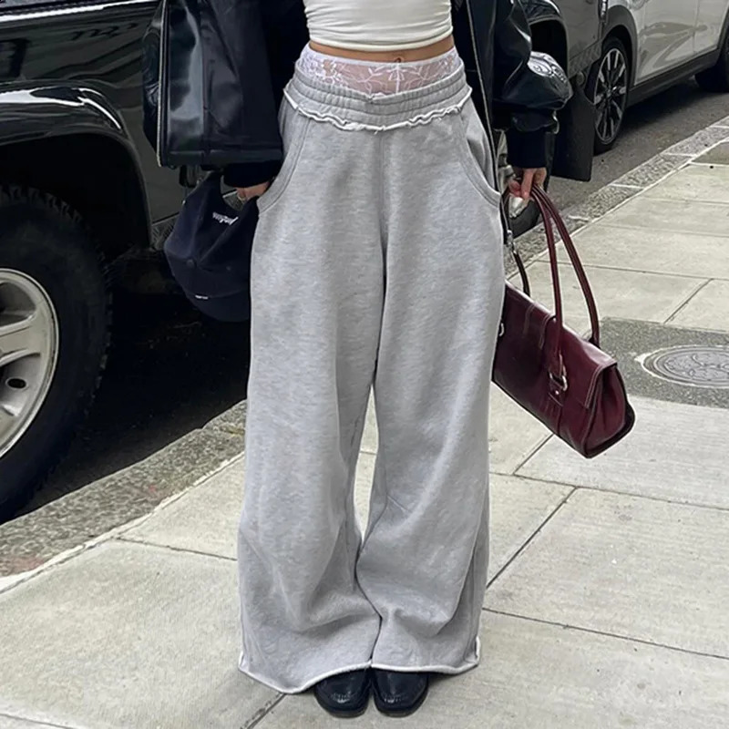 Deeptown Baggy Y2k Grey Sports Pants Womens Casual Retro Street Loose Long Leg 240827