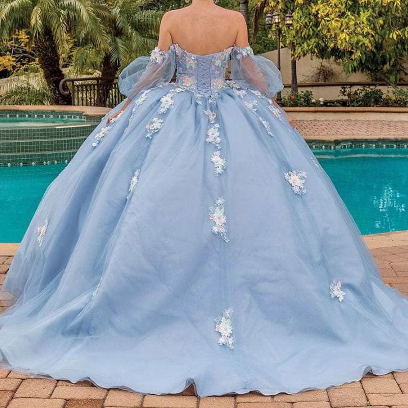 Sky Blue Shiny Quinceanera Dressees Off The Shoulder Applique Lace Tull Puff Sleeve Sweet 16 Years Old vestido 15 De