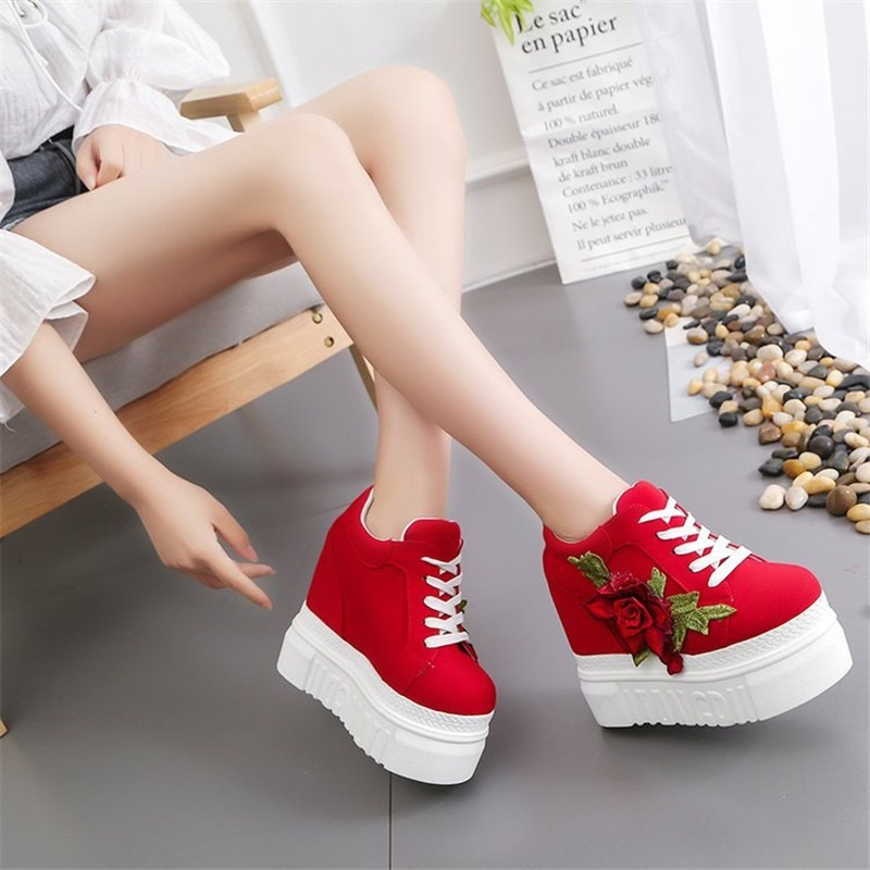 Embroidered Flowers Canvas Sneakers Autumn Women High Wedge Sneaker Fashion White/black/red Platform Woman Sports Casual Shoes