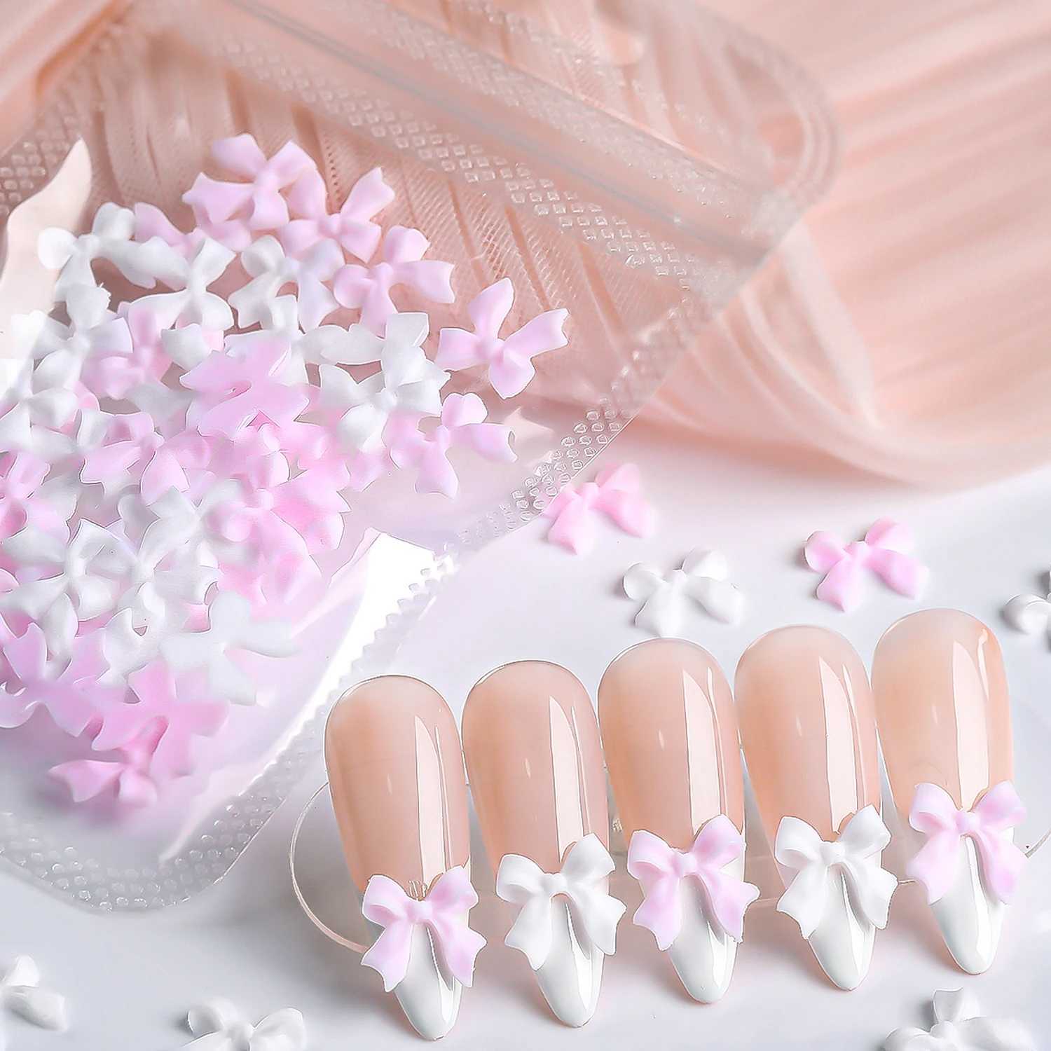 50 pieces of pink and white ribbon bow nails charming Korean red nails artistic tie decorations Kawaii accessories handmade design supplies W240829