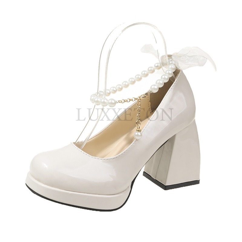 Ladies High Heels Elegant Bow Square Toe Black Fashion Women Pumps Thick Heel Wedding Party Pearl Lace Wedding Shoes for Women