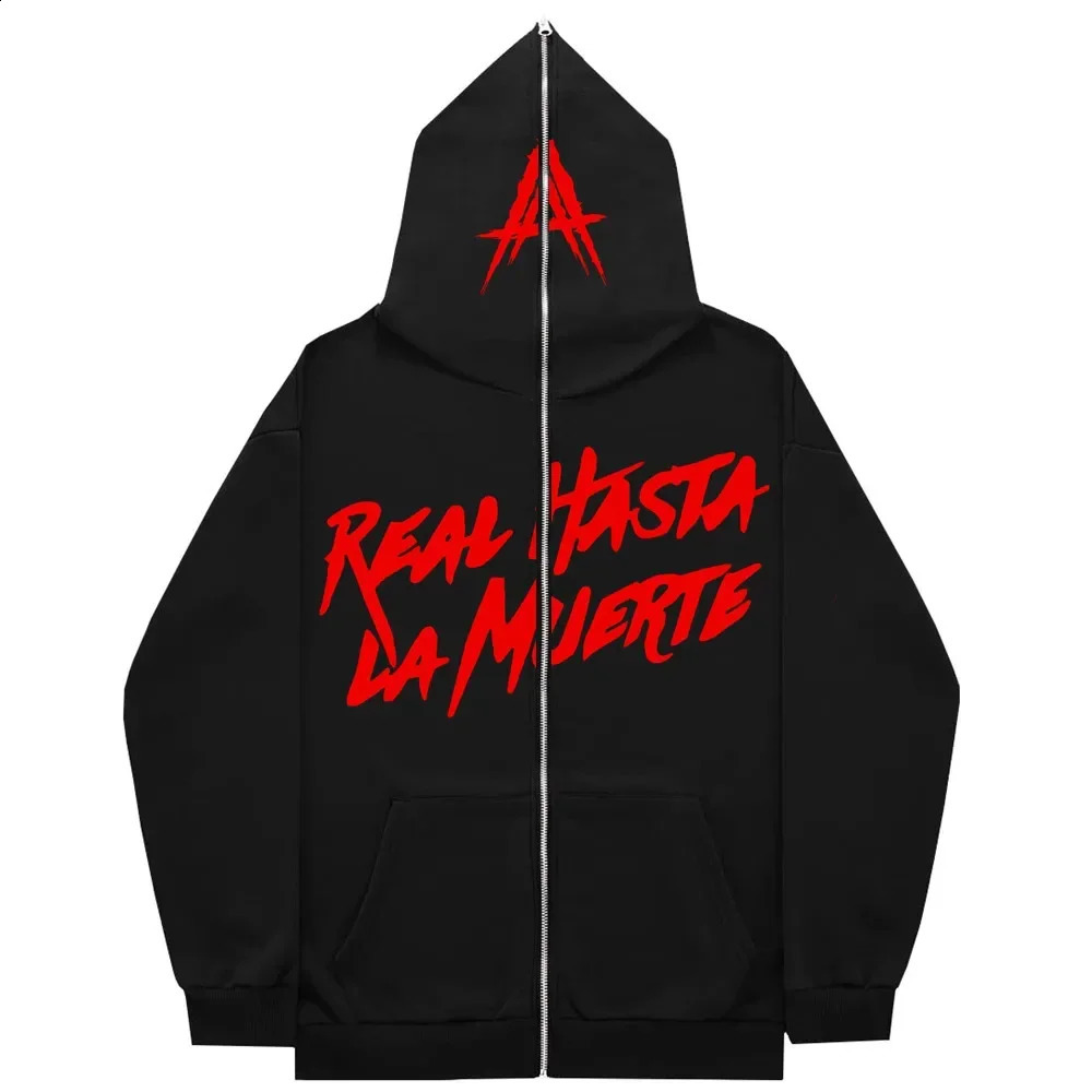 AA Real Hasta La Muerte full face zipper mens hooded sweatshirt unisex interior wool womens streetwear top 240829