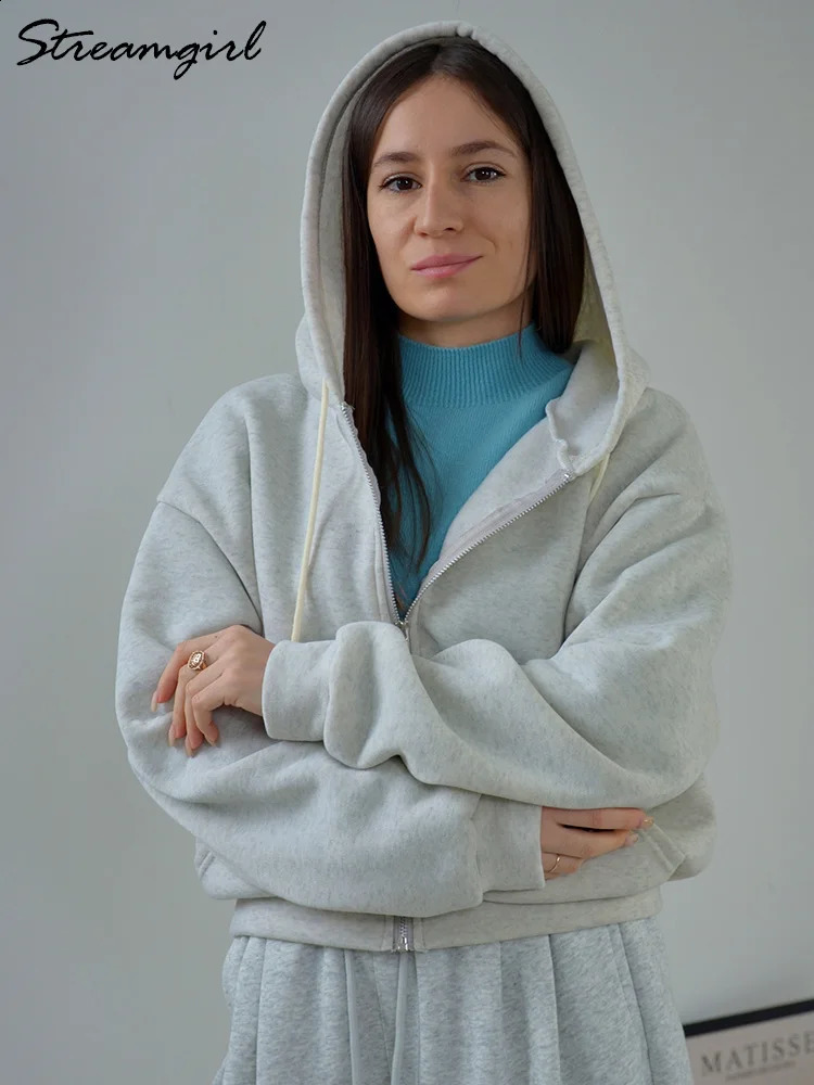 Streamgirl Short Hoodie Womens Zipper Oversized Jacket Spring Grey Sportswear with Cotton Top 240827