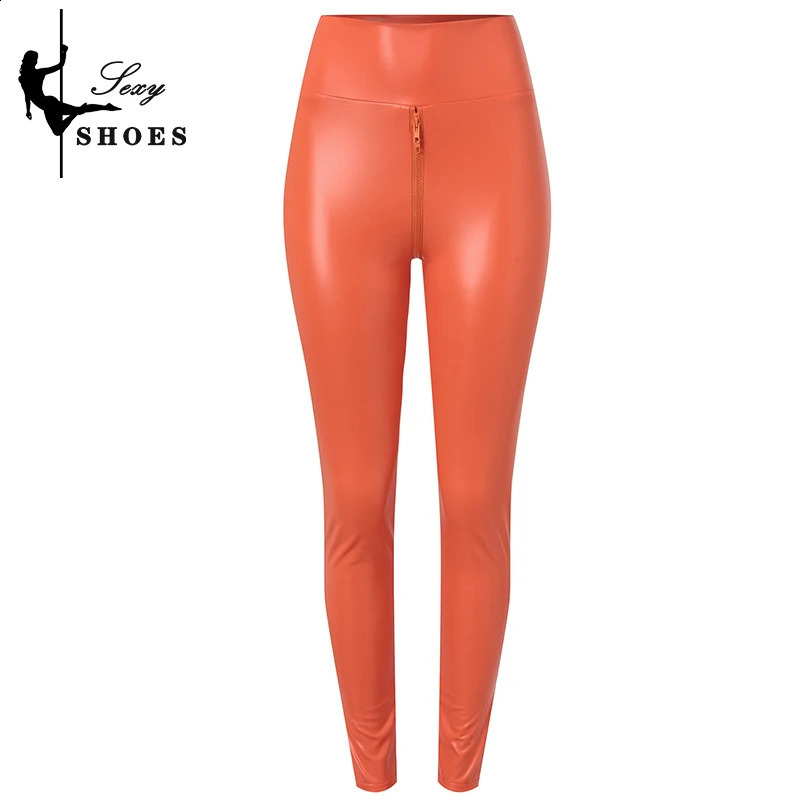 Womens high waisted PU leather elastic ultra-thin pencil pants with double zippers and open pants legs nightclub pants 240829 - view 5
