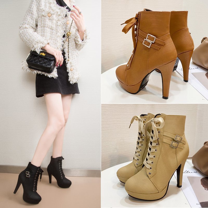High New Shoes Heel Platform for Women Fashion Lace Up Heeled Women's Ankle Boots Dress Party Ladies Short Botas 2024 fedf ed 's
