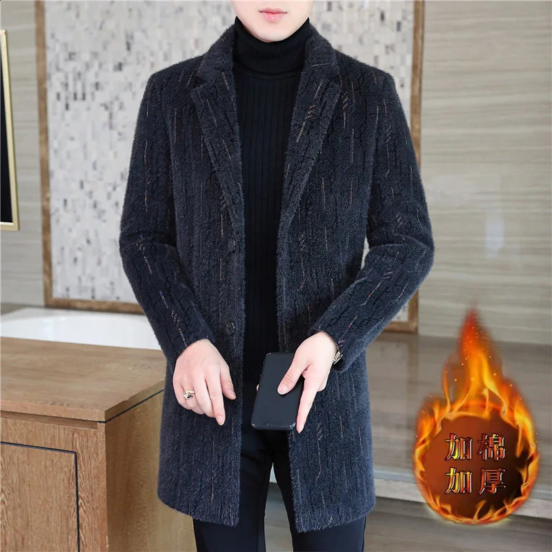 High quality autumn and winter mens mid length wool jacket business casual thick striped coat warm and windproof jacket 240829