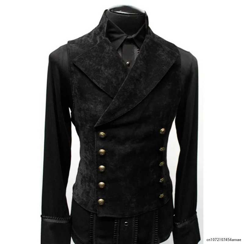 Mens Double Breasted Gothic Steampunk Velvet Vest Stand Collar Medieval Victorian Black Waistcoat Men Stage Cosplay Prom Y240830