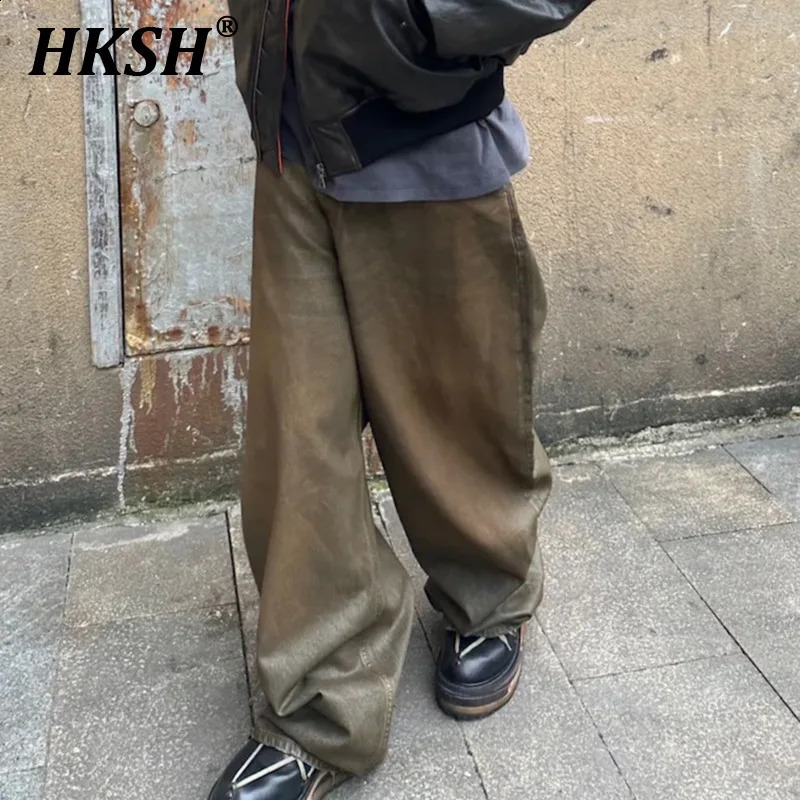 HKSH Spring Autumn Mens High Street Denim Pant Vintage Streetwear Jeans Wax Coated Silhouette Trend Trousers HK1443 240826Z