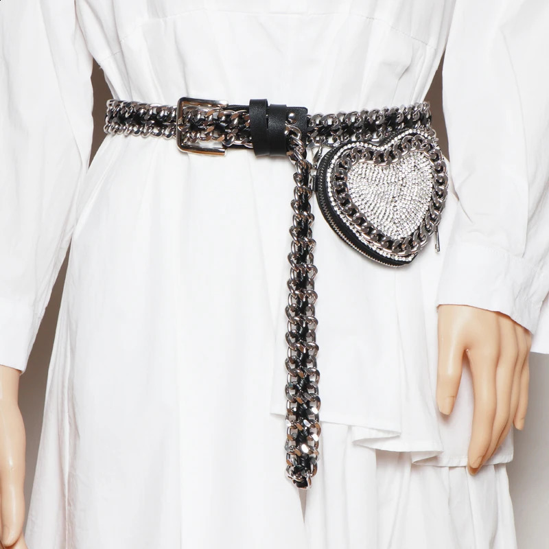 Punk Woven Belt Wide Chain Waist Bag Adjustable with Coin Women Cute Heart Circular Fanny Pack 240830Z