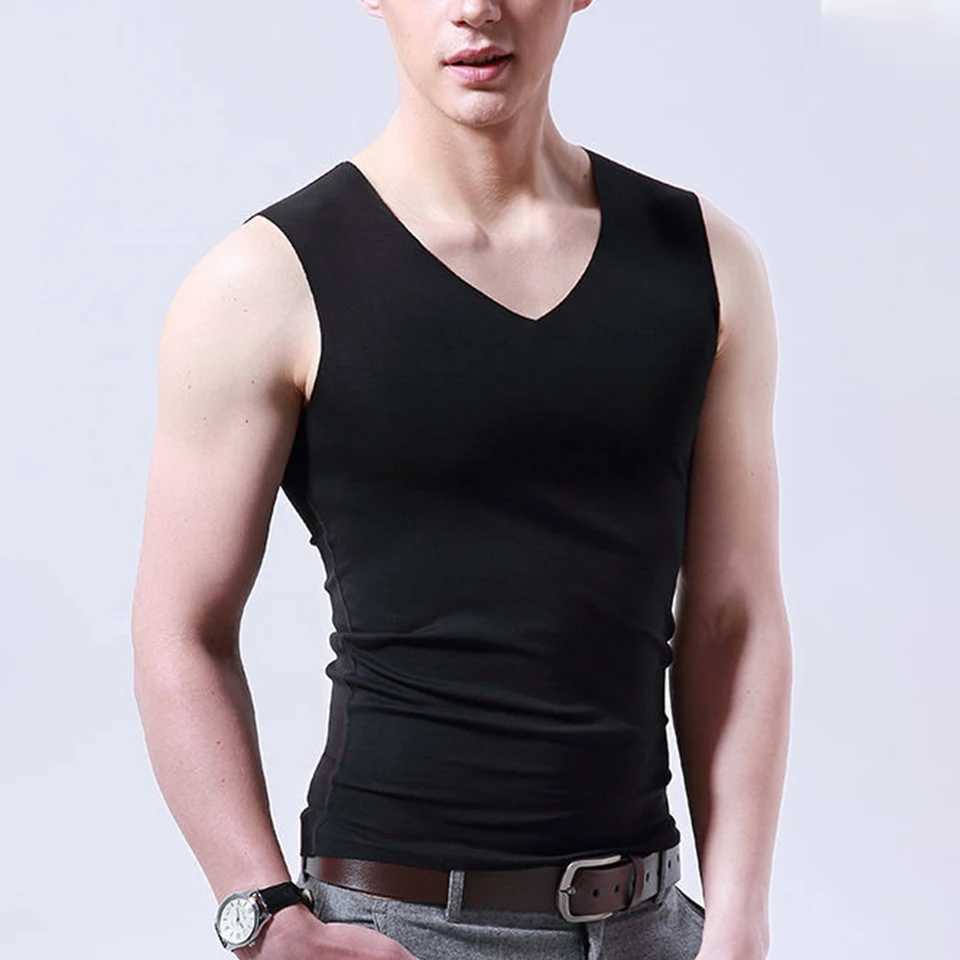 Basic mens ice silk sleeveless tank vest solid color V-neck underwear muscle vest mens T-shirtW240718