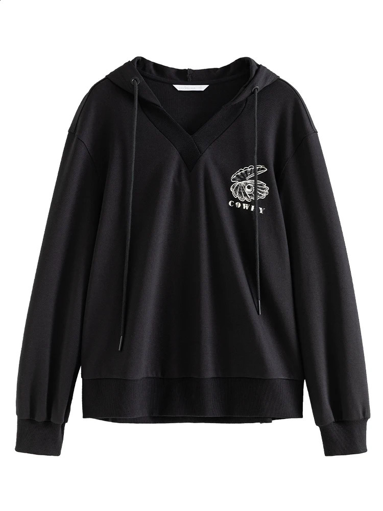 DUSHU Vneck hooded collar n cotton black commuting sweatshirt spring lightweight straight sleeved 240827