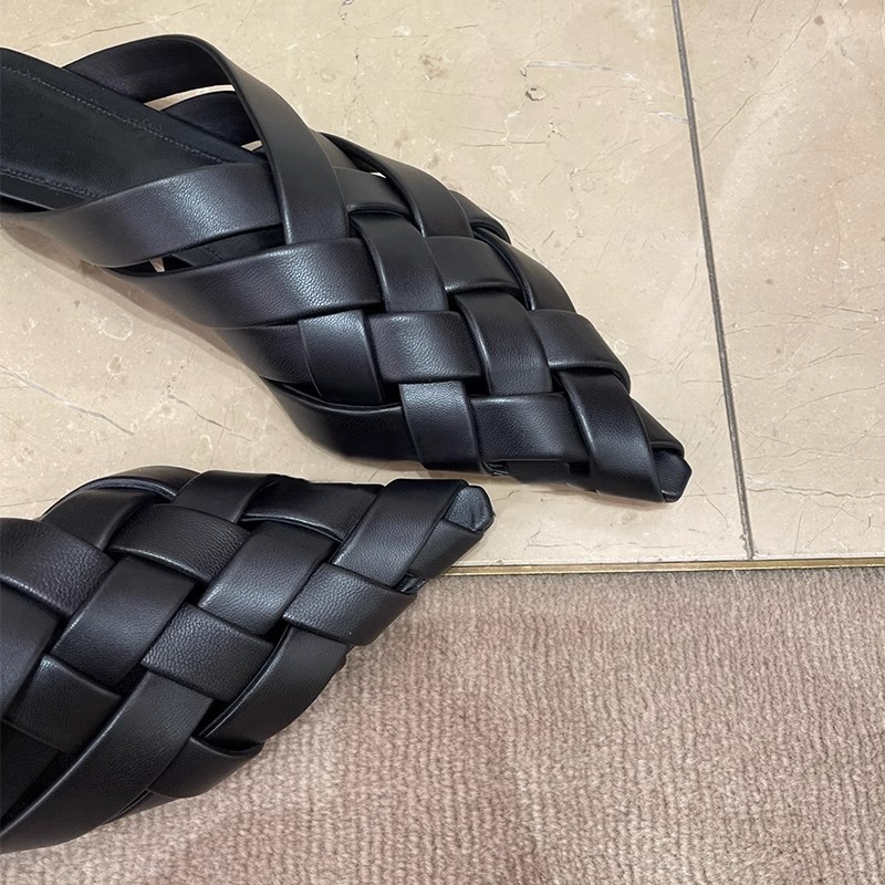Women Fashion Pointed Toe Shallow Slip On Black Summer Slides Slippers Flats Heeled Mules Shoes ab8b pers c1c