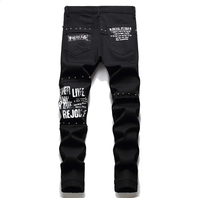 Mens patchwork patch rivet jeans hip-hop letter printed straight denim pants teenage fashion ultra-thin elastic jeans Trouser 240829