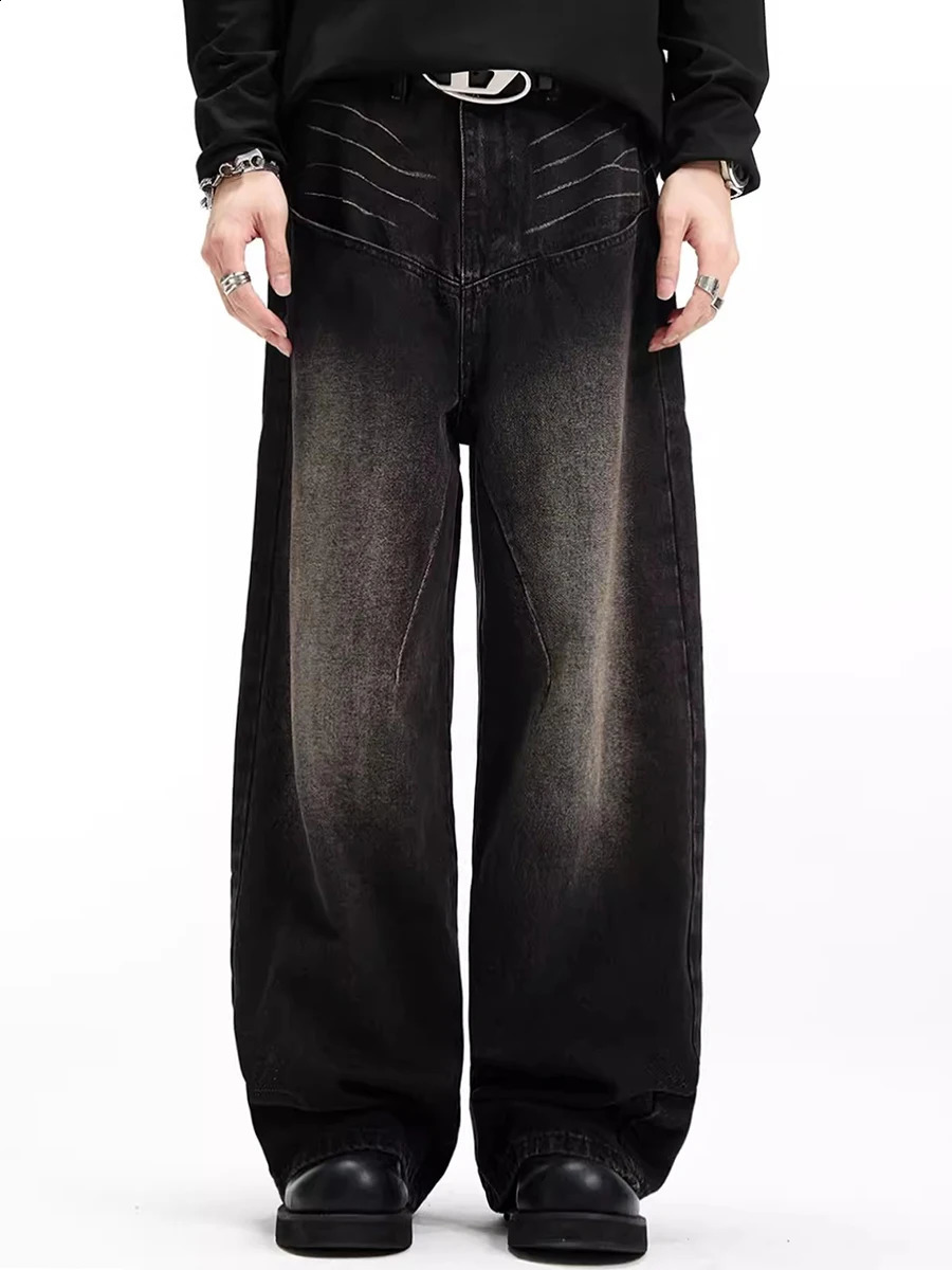 REDDACHiC Vintage Black Brushed Baggy Jeans Men Acubi Fashion Low Waist Whiskers Wash Wide Leg Denim Pants Hiphop Casual Clothes 240826Z
