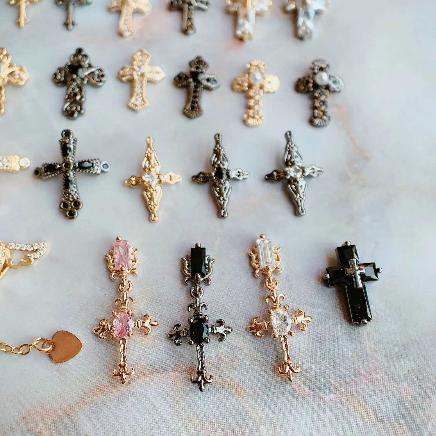 10 pieces/batch Dark Cross Heart shaped Nail Art Parts Zircon Crystal Handmade Nails Accesorios Supplies Decorative Charm W240829