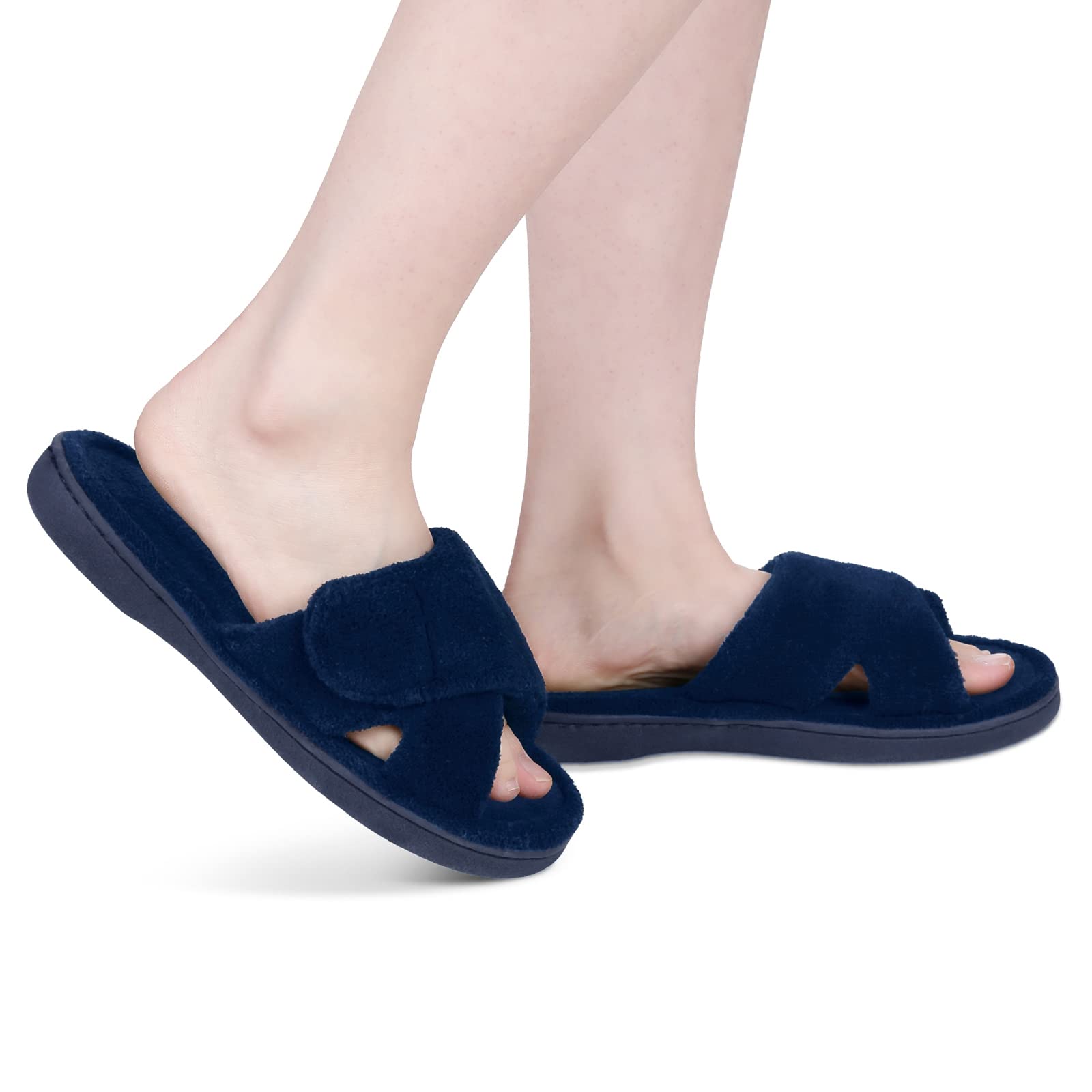 Furry Comwarm Women Soft Sloe Open Toe Memory Foam Non-slip House Plush Slippers Adjustable Terry Cloth Indoor Sandals 6e07