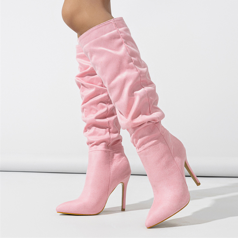Liyke Fashion Design Pleated Knee Boots Women Sexy Pointed Toe Party Stripper High Heels Autumn Winter Motorcycle Shoes