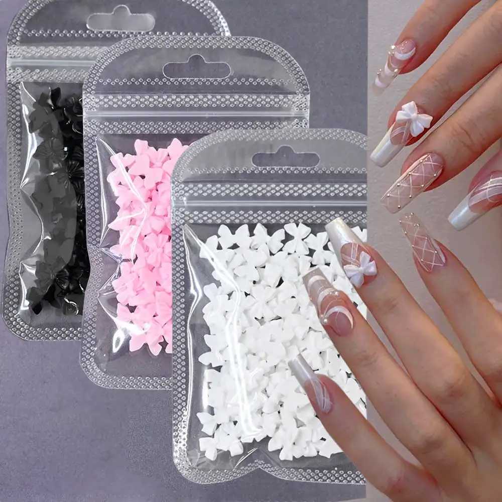 50/100 pieces of pink and white Kawaii bow nail charm 3D resin bow knot flat back nail gemstone 8 * 10mm nail art rhinestone jewelry #Bowtie W240829