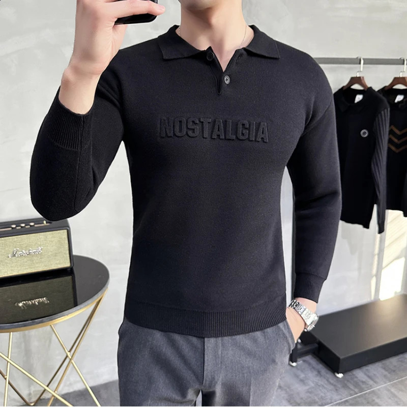 mens lapel long sleeved knitted sweater/mens slim fit fashionable long sleeved zipper mens letter printed sweater 3XL 240829