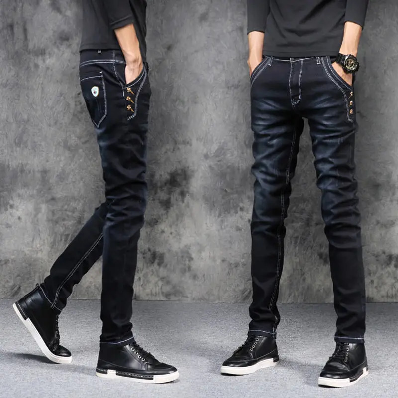 Autumn Winter Brushed Cowboy Slim Clothes Male Korean Style Denim Skinny Plush Grey Jean Pants Trousers for Men 240826Z