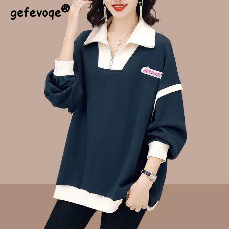 Womens fashion patch work casual street clothing oversized sportswear womens decal half zipper long sleeved top 240827