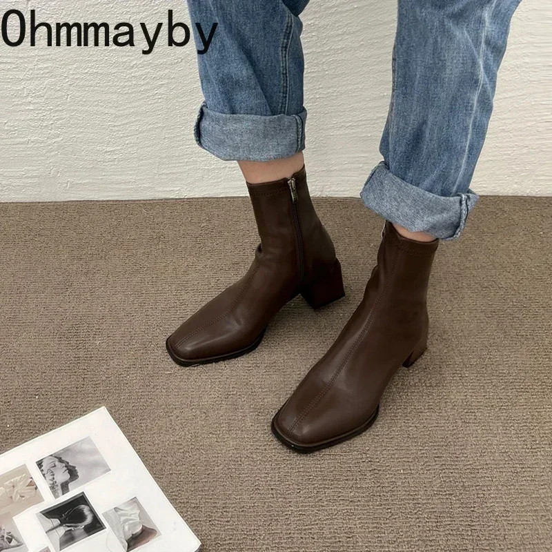 Women Ankle Boots Woman Square Heel Fashion Zipper Autumn Winter Women's Shoes Leather Girl's Short Booties