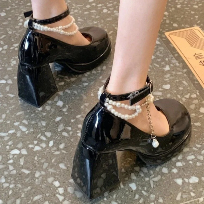 New Ladies Elegant Bow Square Toe Black High Heels Fashion Thick Heel Party Pearl Lace Wedding Shoe 4 69d35