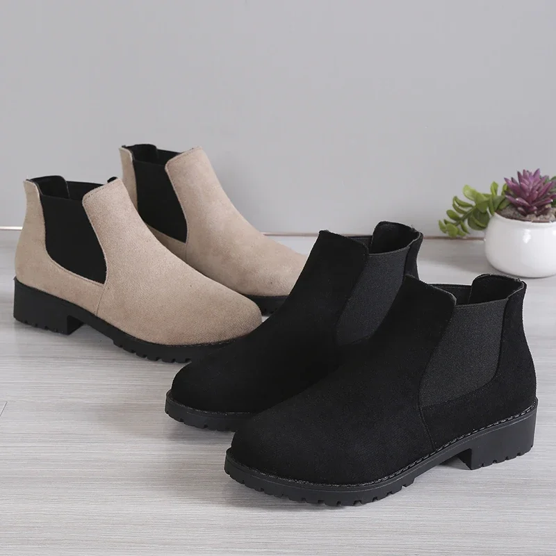 Shoes Women Winter Cow Suede Ankle Chunky Boots Black Female Autumn Fashion Platform Booties Beige 49a2