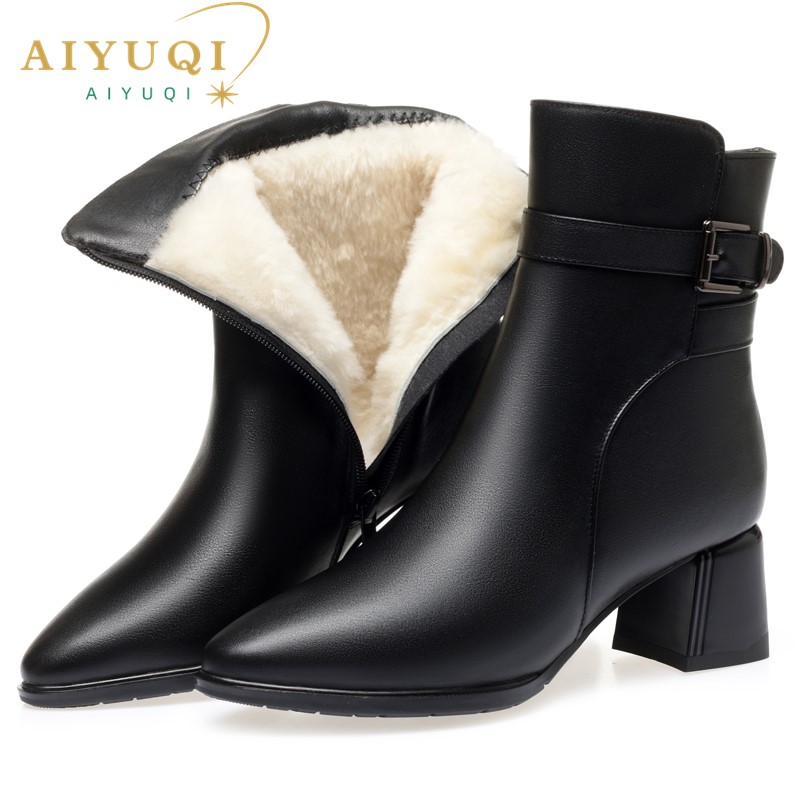 AIYUQI Women's Fashion Boots Mid-heel 2024 New Round Head Genuine Leather Ankle Boots Women Thick Wool Warm Dress Boots Women