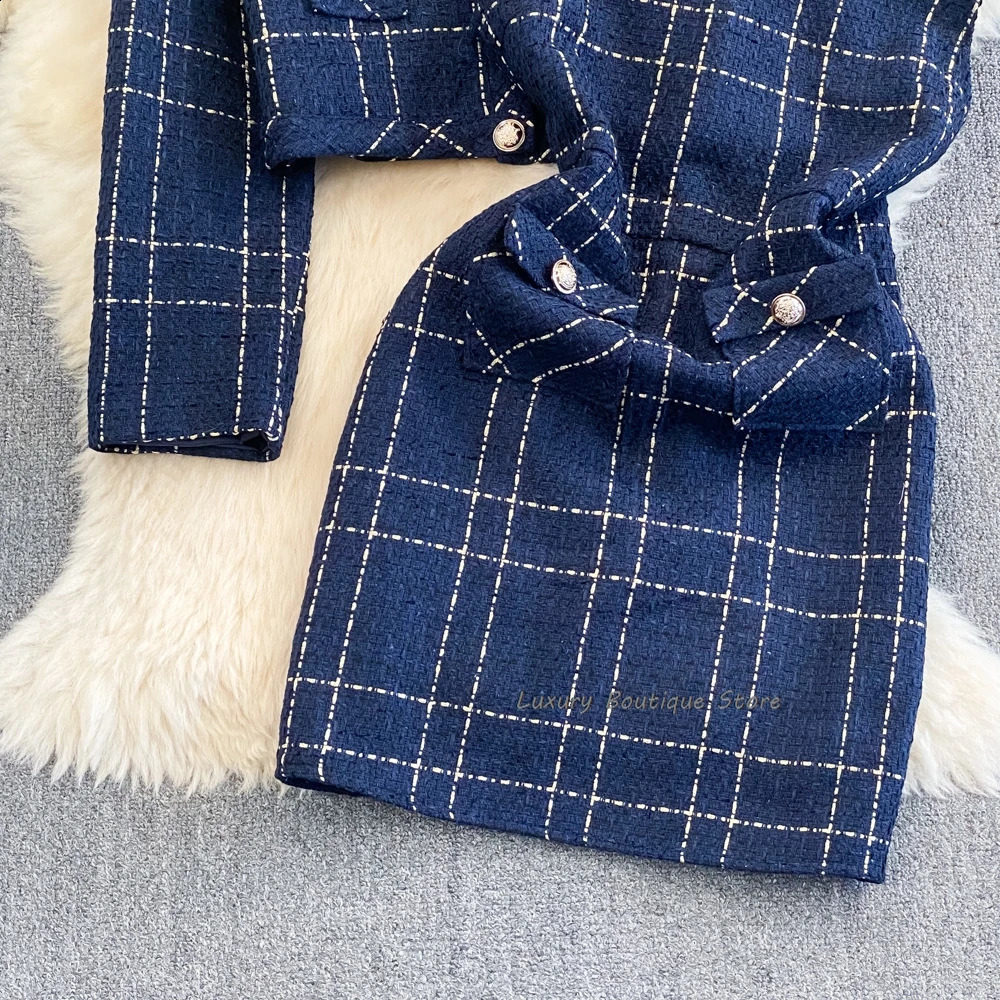 Metal Button Tweed Jacket And Tank Dress Of Short Coat Fashion Plaid Mini Dresses Autumn Winter Women Two Piece Set 240829